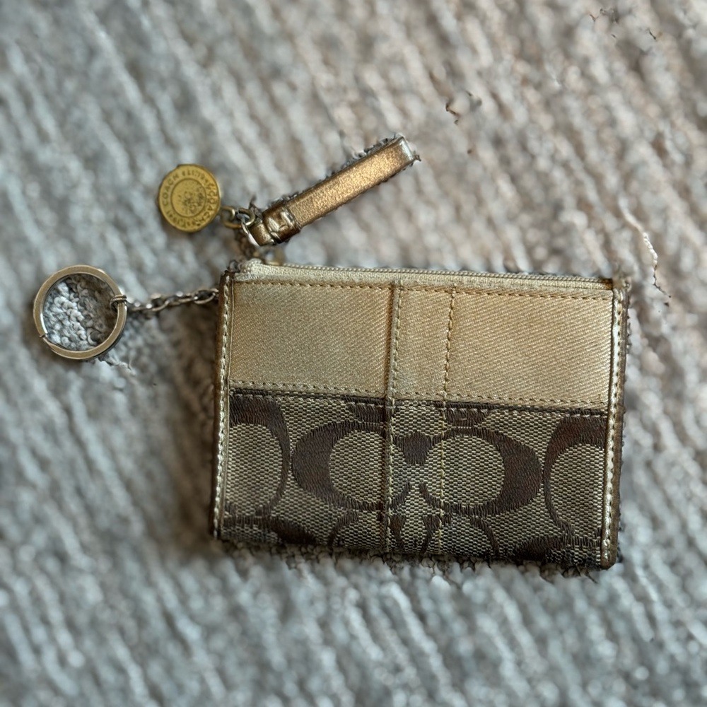 Coach Signature Jacquard Mini Skinny Key Zip Coin Purse Leather Trim